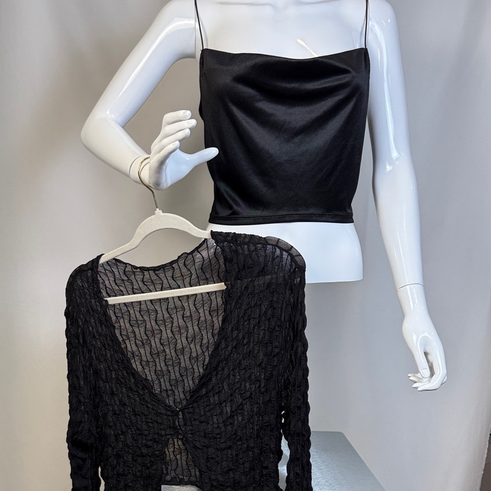 Stylish Black Satin Top with Textured Wrap Y2K